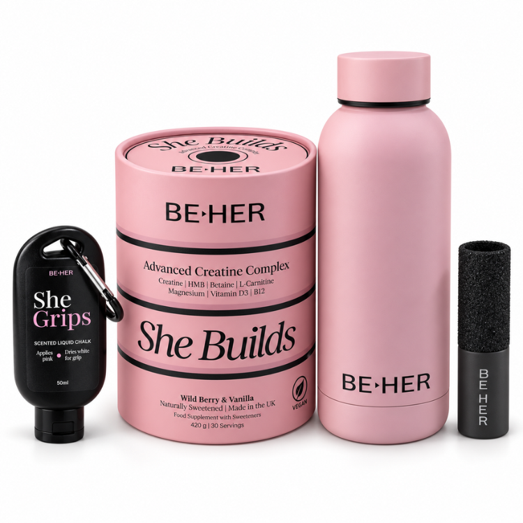She Builds Advanced Creatine Complex tub by Be Her with the pink Hydration Bottle, She Grips liquid chalk and She Holds callus file