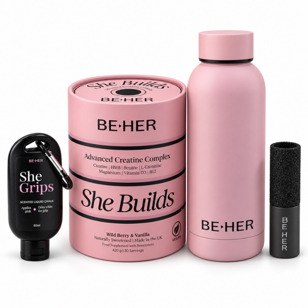 She Builds Advanced Creatine Complex tub by Be Her with the pink Hydration Bottle, She Grips liquid chalk and She Holds callus file