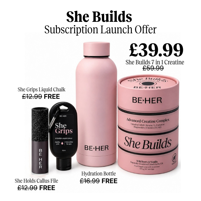 She Builds subscription offer: £39.99 tub with free Hydration Bottle, She Grips liquid chalk and She Holds callus file