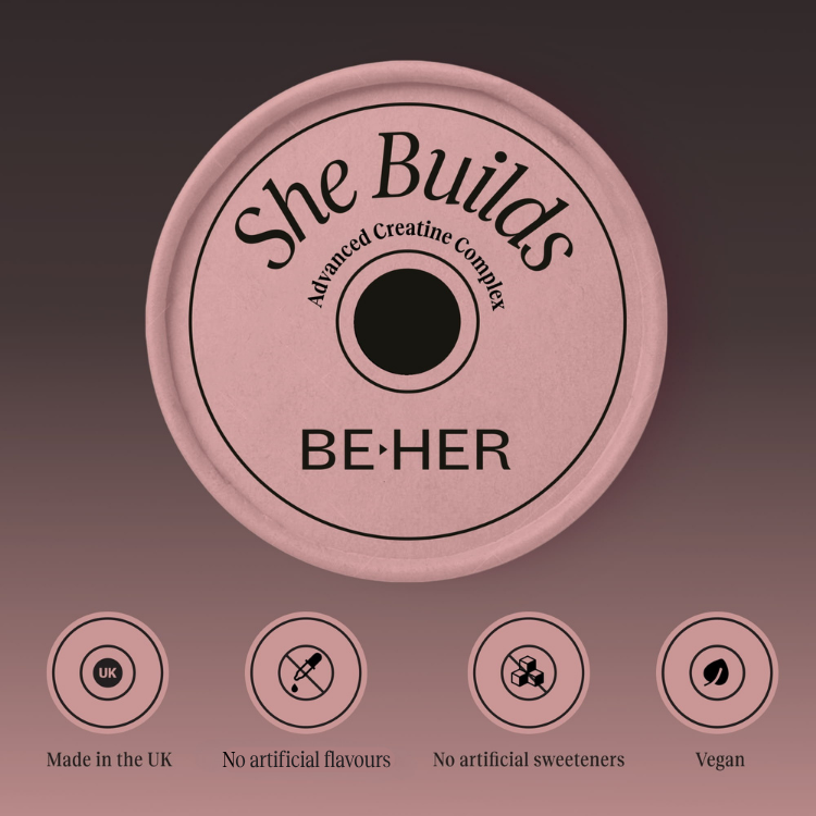 She Builds tub lid: made in the UK, no artificial flavours, no artificial sweeteners, vegan