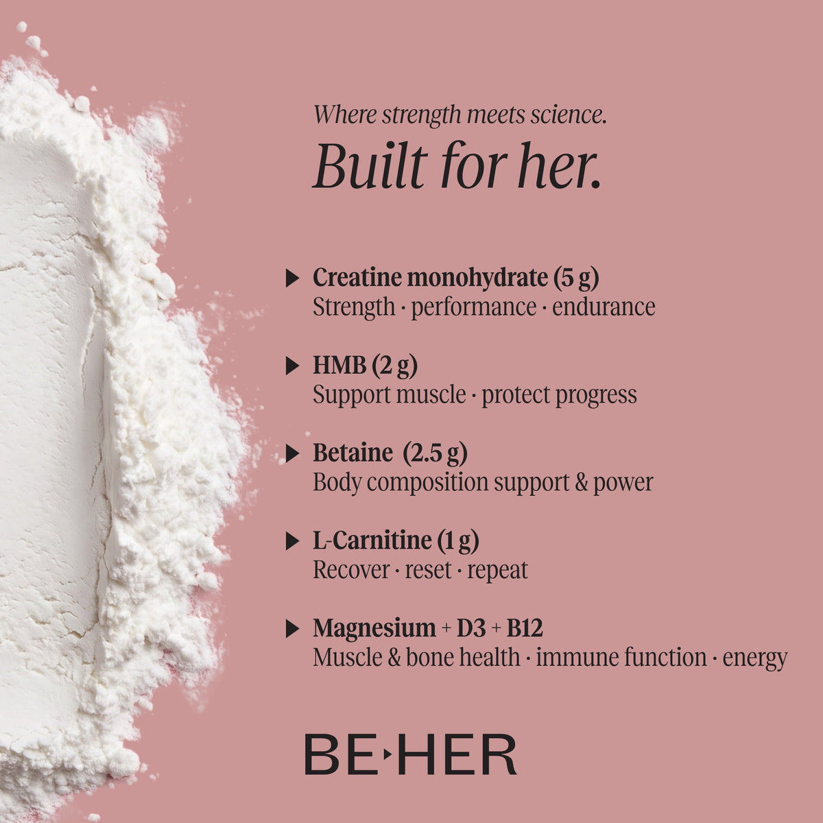 She Builds formula overview: creatine monohydrate 5 g, HMB 2 g, betaine 2.5 g, L-carnitine 1 g, magnesium, vitamin D3 and B12